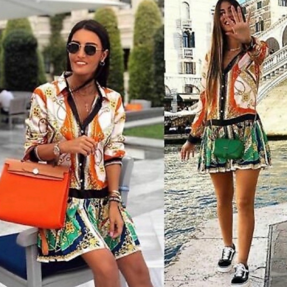 Zara Chain Print Patchwork Pleated Mini Dress Mul… - image 6